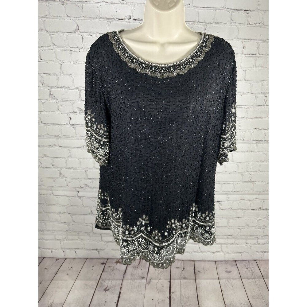 Fashion By Anil 100% Silk Black White Silver Beaded Sequined Blouse L